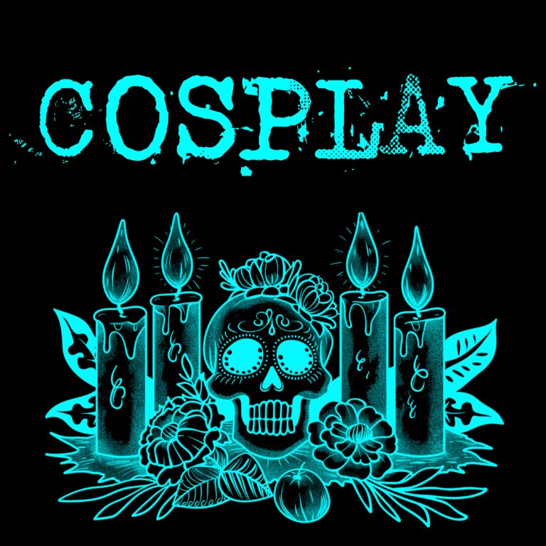Turquoise skull ofrenda with “Cosplay” written in punk style letters