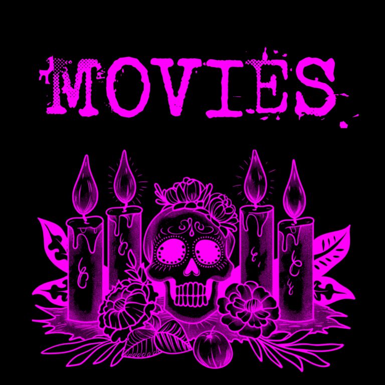 Purple skull ofrenda with “Movies” written in punk style letters